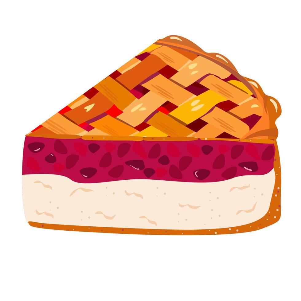 Braided piece pie with cherry or strawberry filling, with white base of cottage cheese. Ready dessert for cafe, menu. Cartoon-style illustration detailed isolated on white background vector