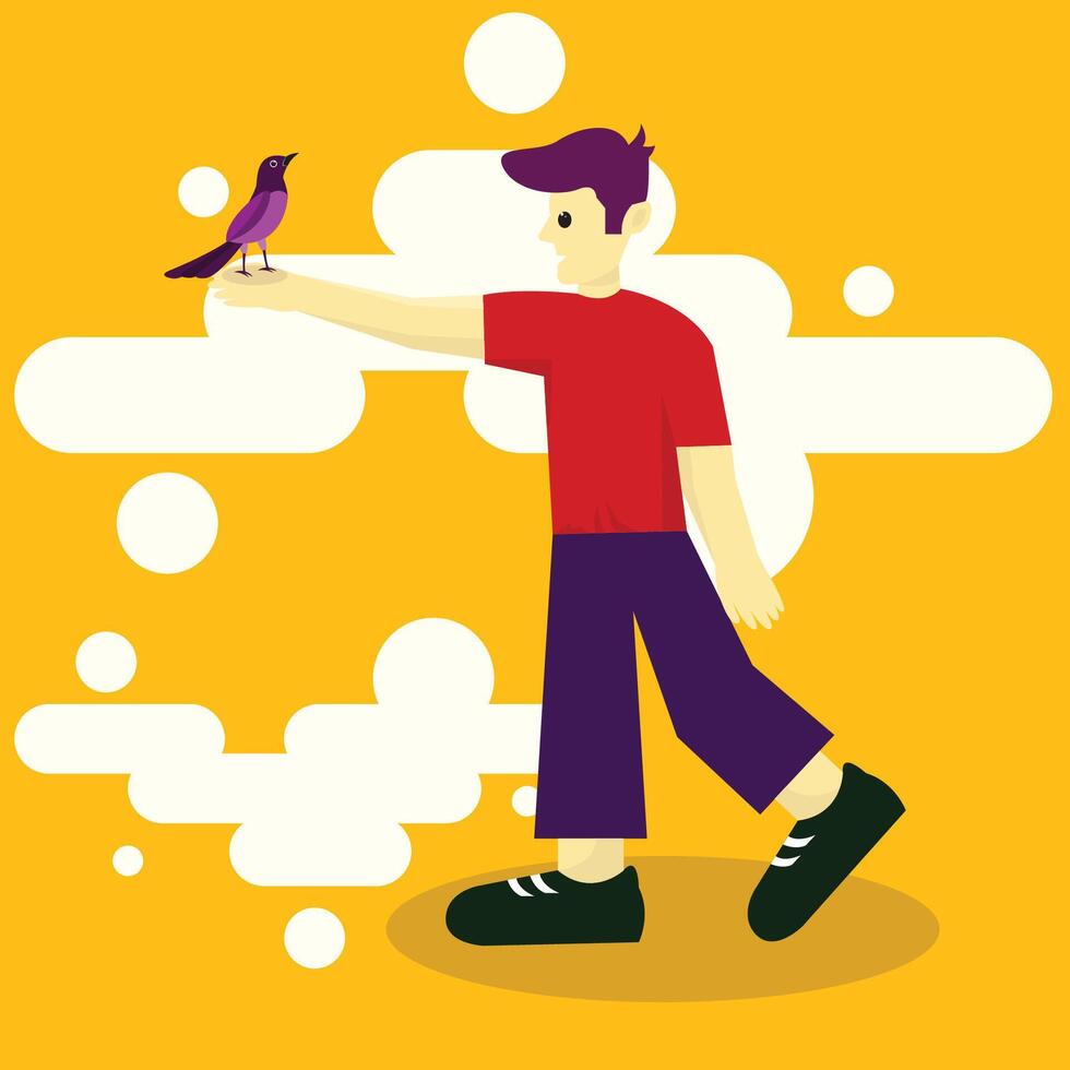 flat illustration of a man playing with birds vector