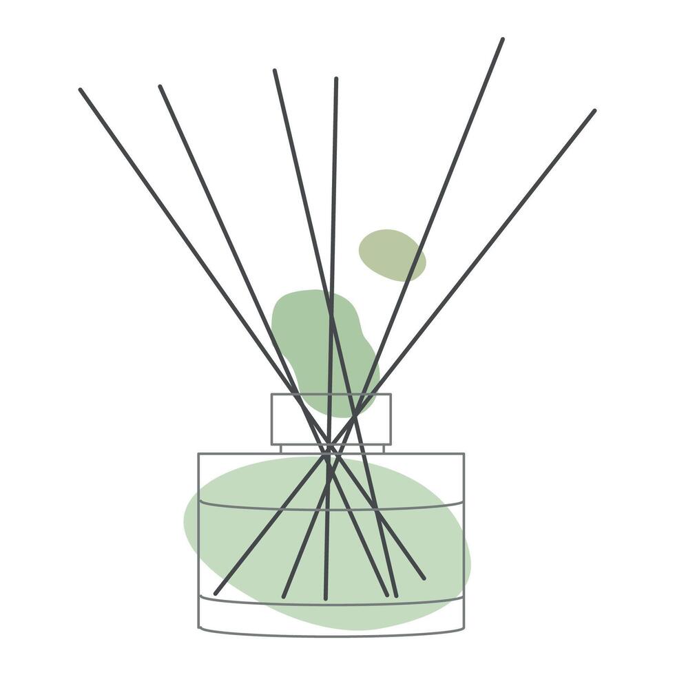 Home Fragrance Linear Icon, Glass Bottle with Wooden Aroma Sticks, Perfume for home, editable black Contour on white background with Abstract Green color Shapes. Isolated Outline Illustration. vector