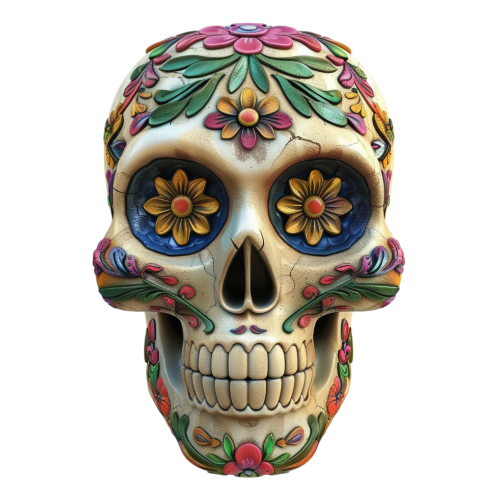 A Colorful Sugar skull with Flowers on it on Transparent Background png