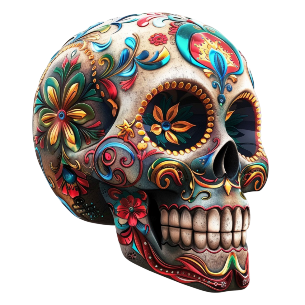 Generated AI Ornately Designed or Painted Mexican Skull for the Day of the Dead isolated on transparent background png
