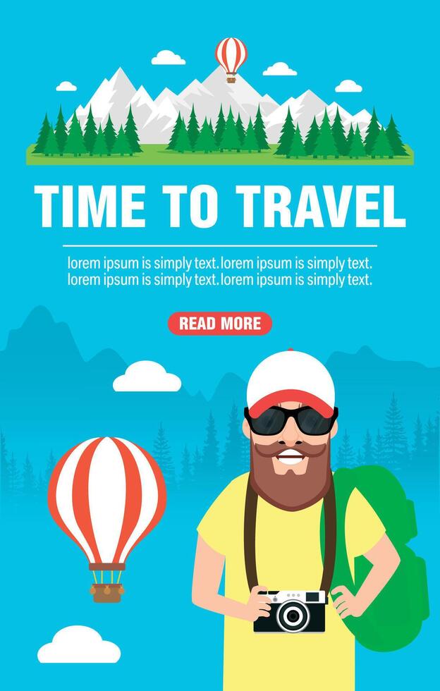 Time to travel, large banner design. Traveler travels in a hot air balloon vector