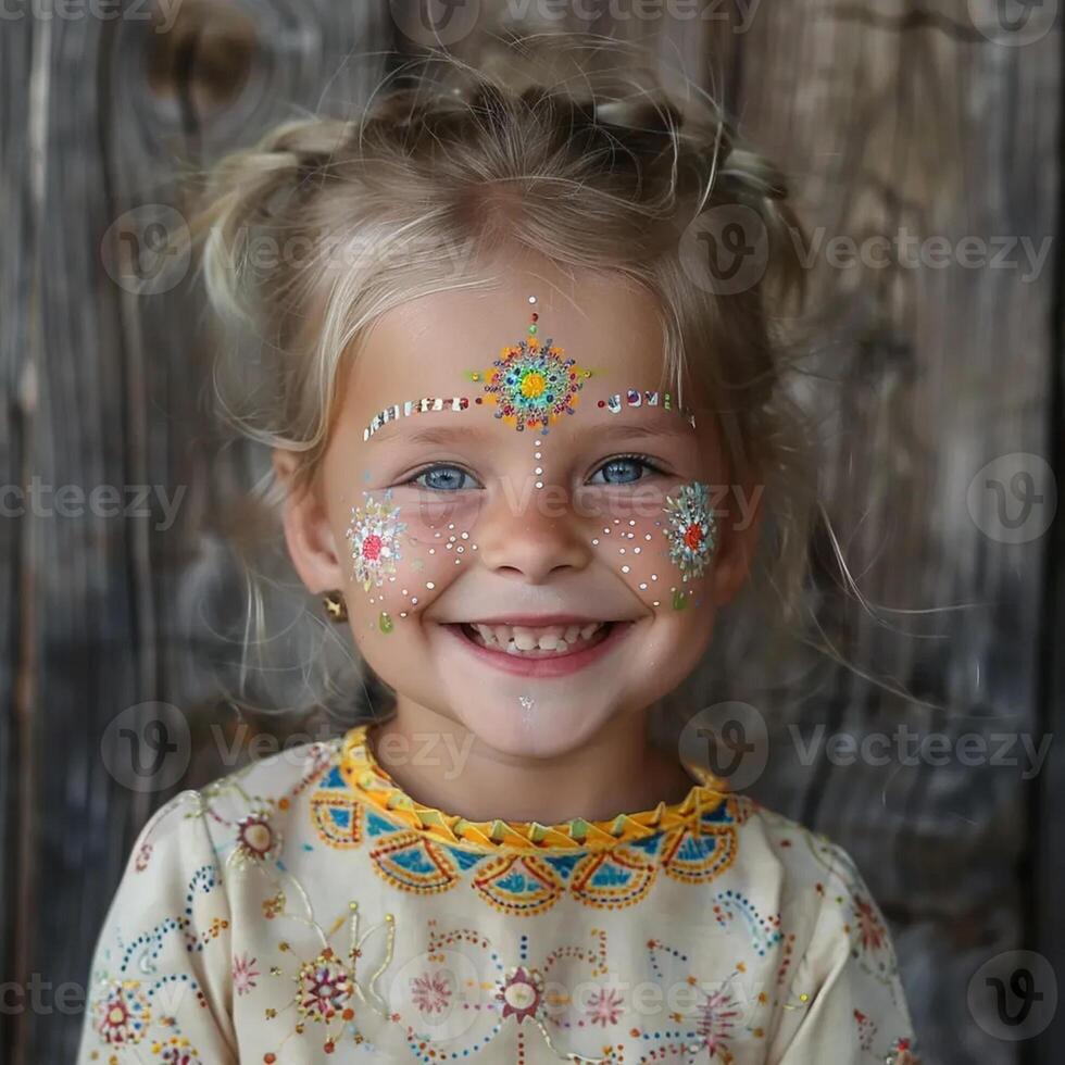 Little Slavic girl with blond hair with a wide smile with a gap in her teeth with face painting --v 6.0 photo