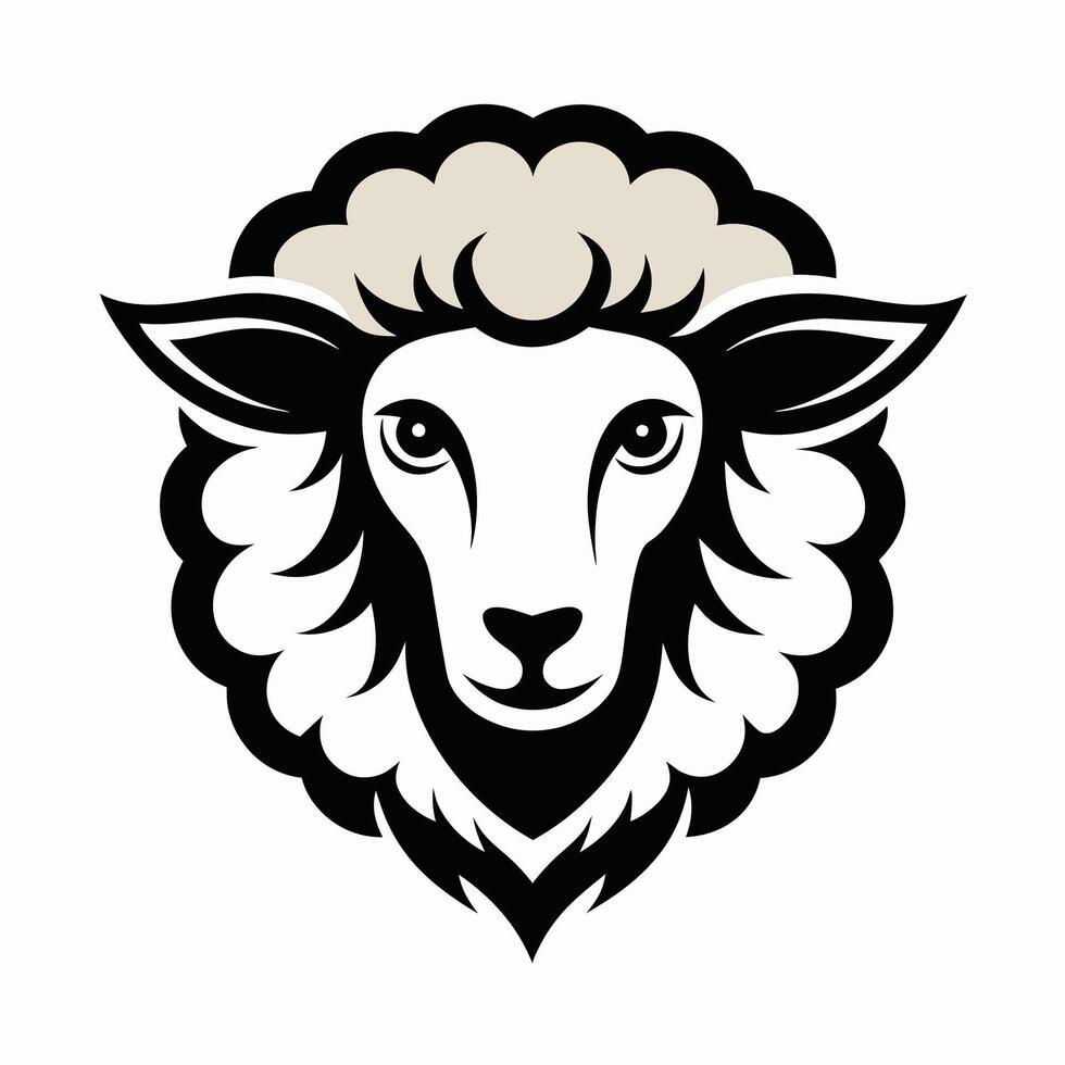 Minimalist black and white illustration of a sheeps head facing forward, eyes open, mouth closed. Simple, essential features shown. vector