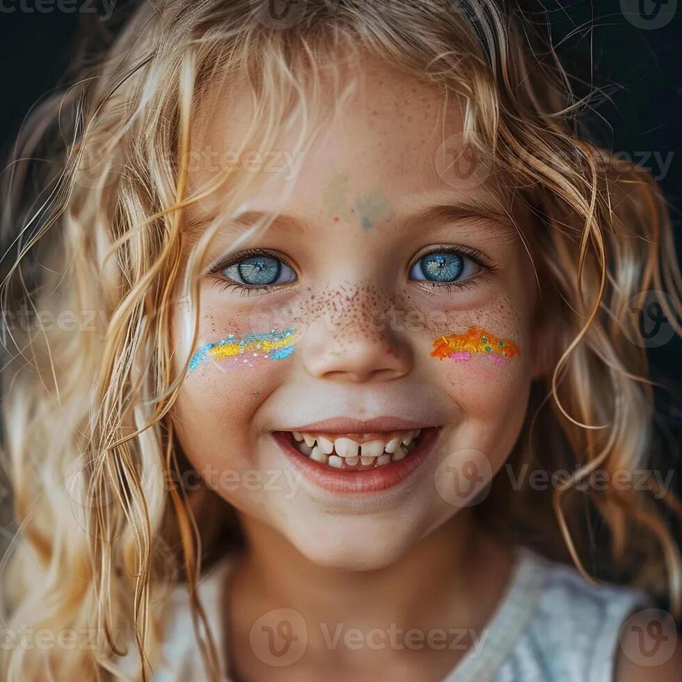 Little Slavic girl with blond hair with a wide smile with a gap in her teeth with face painting --v 6.0 photo