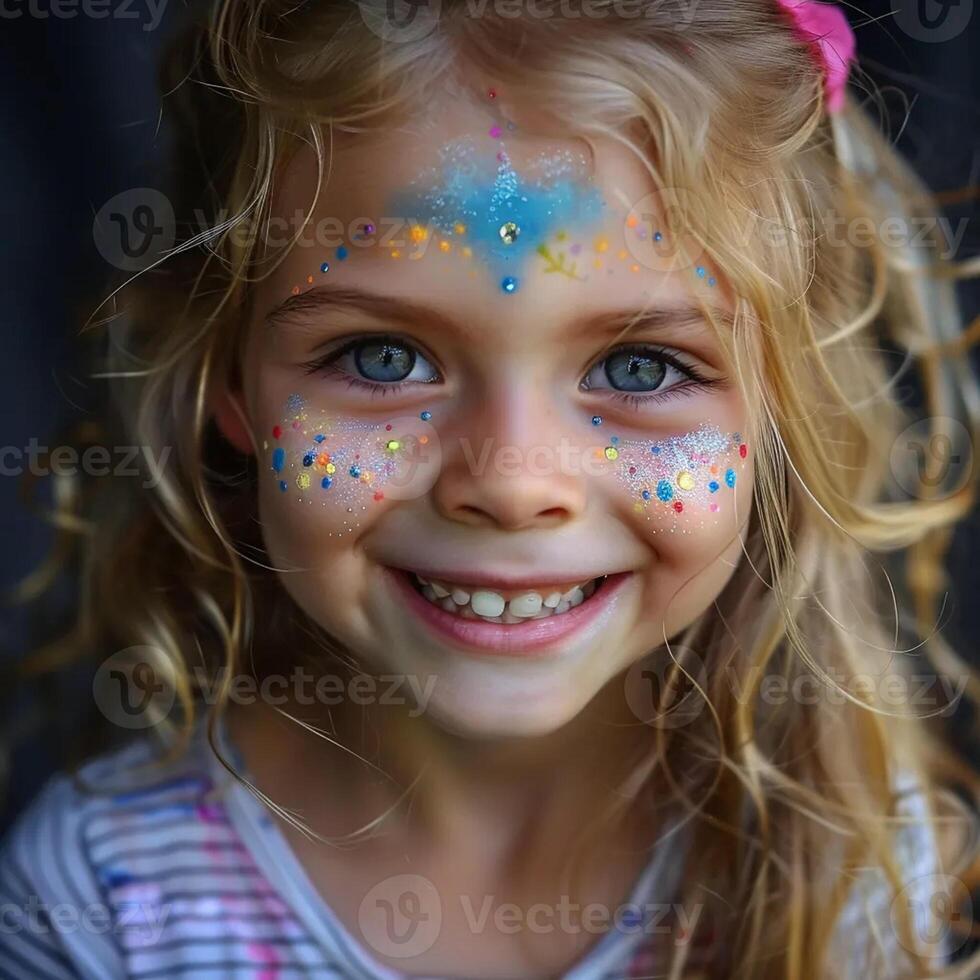 Little Slavic girl with blond hair with a wide smile with a gap in her teeth with face painting --v 6.0 photo