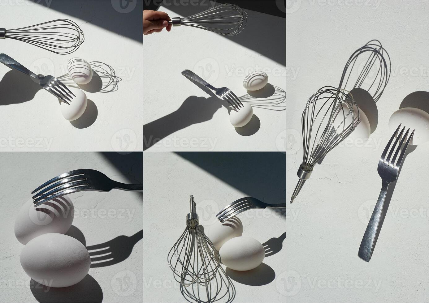 Egg with shadow from the fork. Minimalism. Cooking pastries, omelets. Easy. Whisk for whipping. Collage photo