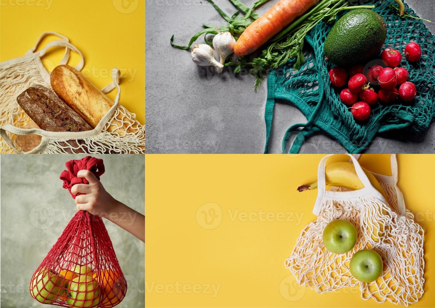 Collage, simple food in a bag.Bread, vegetables and fruit. A world without garbage. Vegetarian food. photo