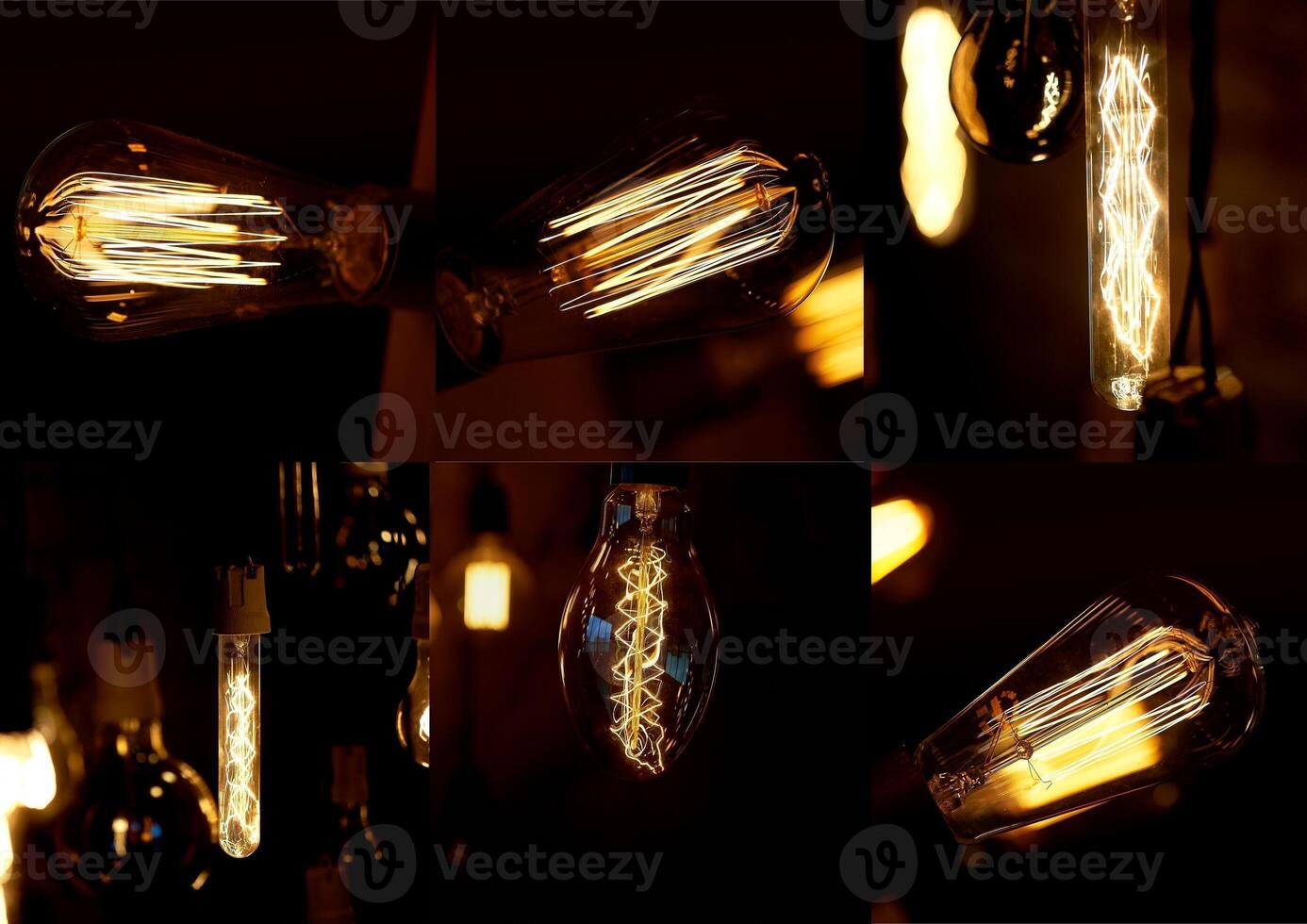 Collage. Light and lighting.Edisson's retro lamp. Warm orange light. photo