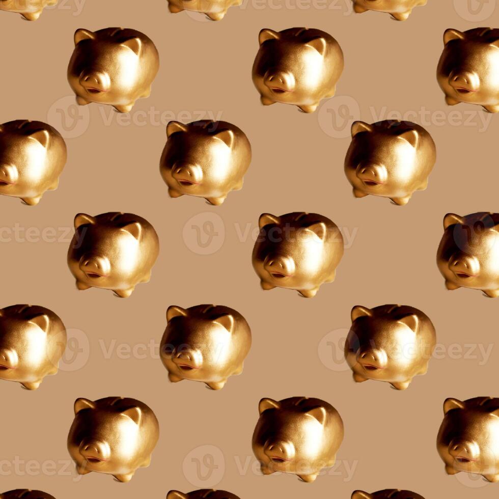 Piggy Bank pattern. Gold on a brown background. Symbol of accumulation, economy and wealth. Investing and saving. photo