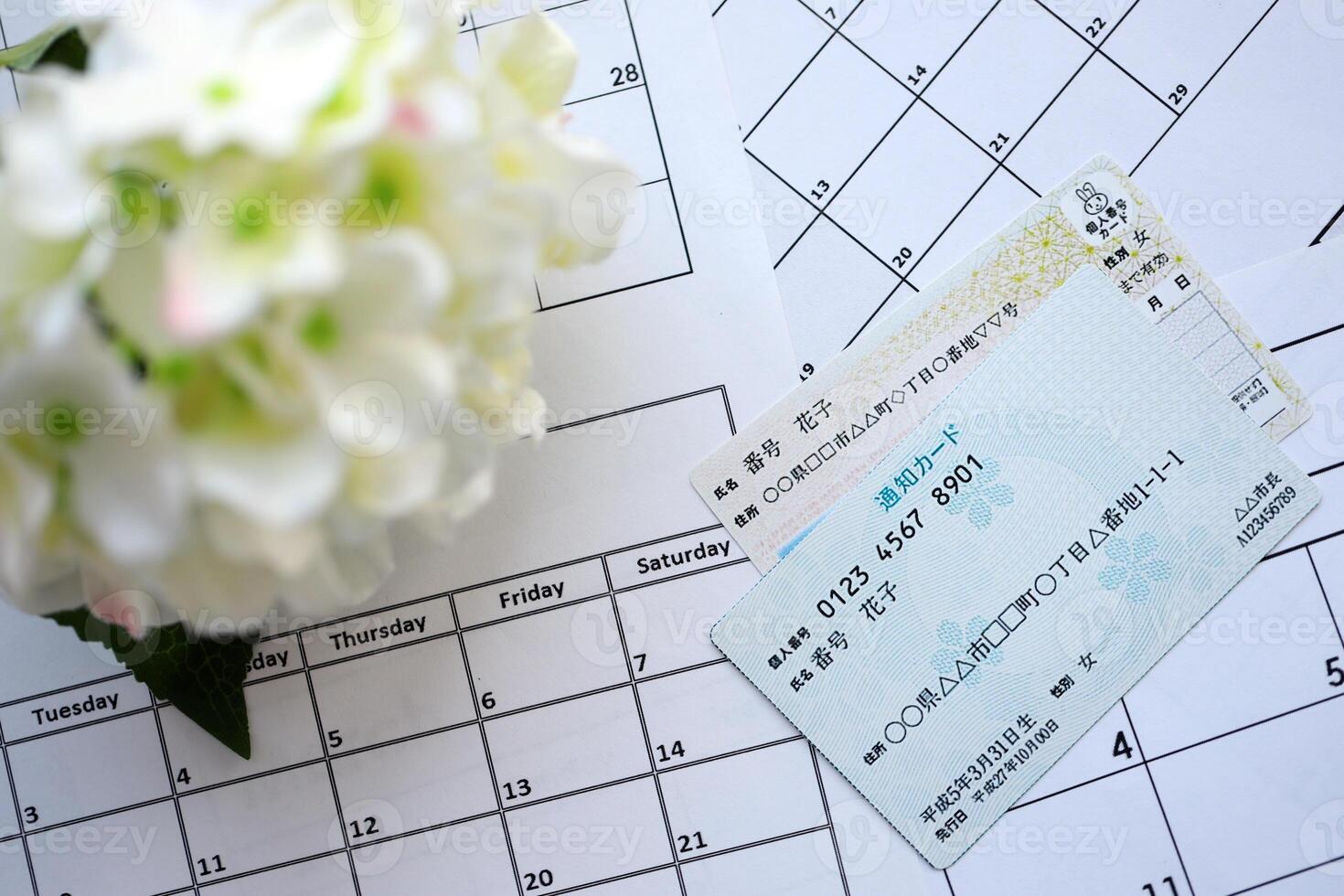 Japanese my number card specimen and notification card on calendar background photo