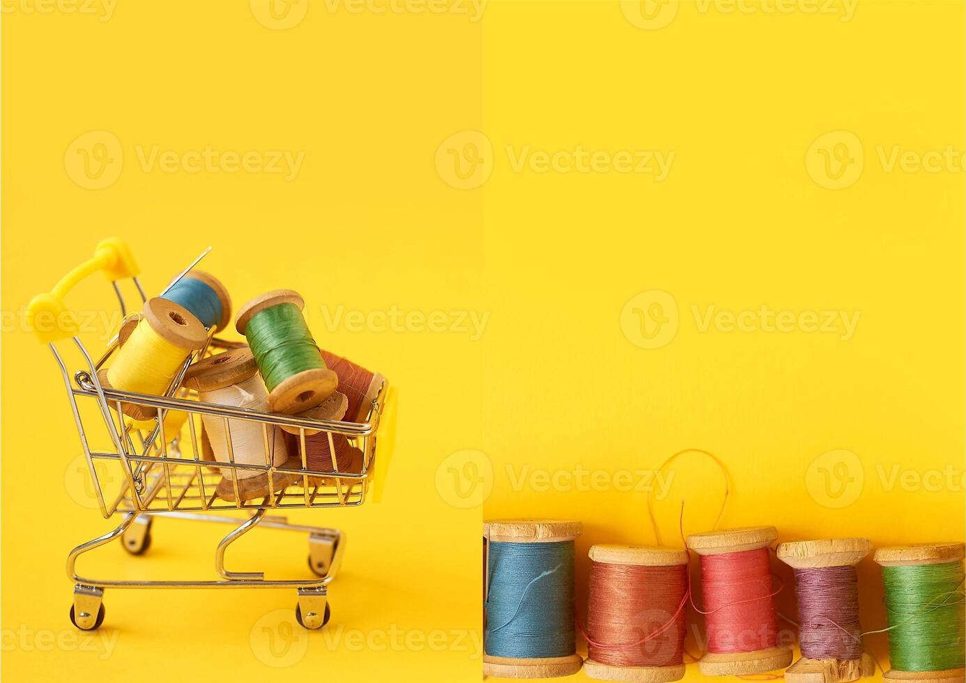 Colored coils with threads on a yellow background. Handicrafts and sewing. photo