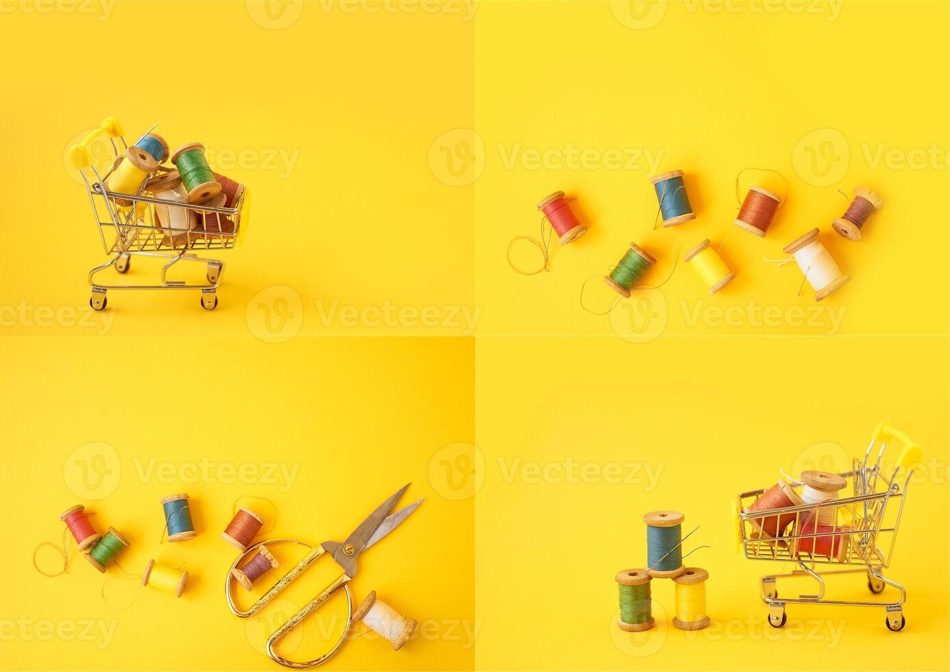Colored coils with threads on a yellow background. Handicrafts and sewing. photo