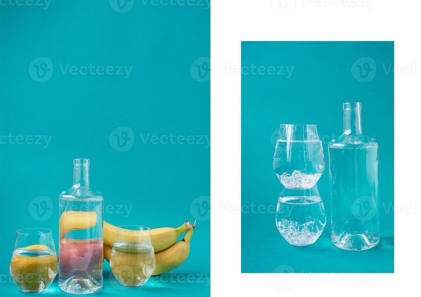 A bottle of water and glasses of ice on a blue background. Thirst quenching.A place for text. Collage photo