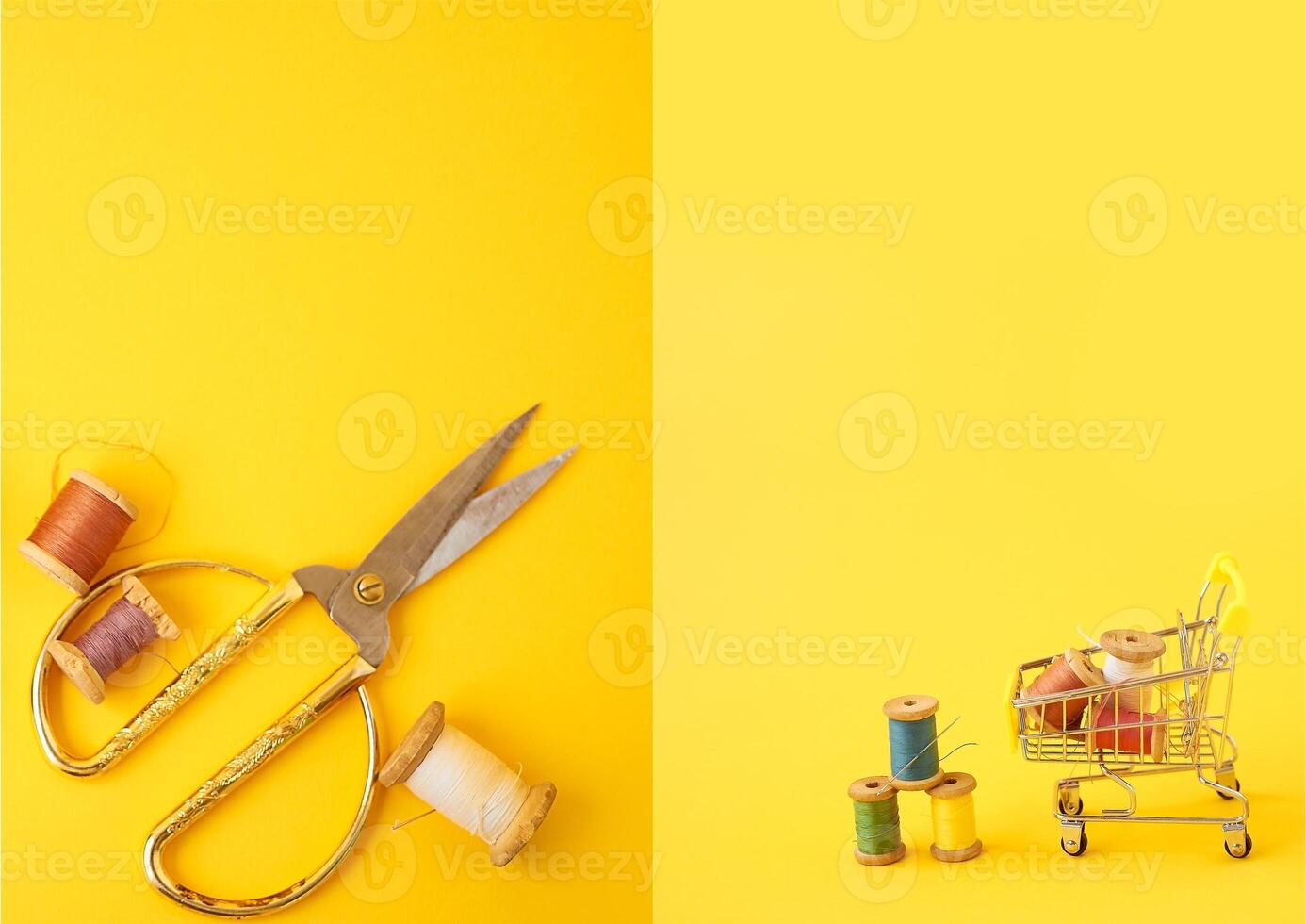 Colored coils with threads on a yellow background. Handicrafts and sewing. photo