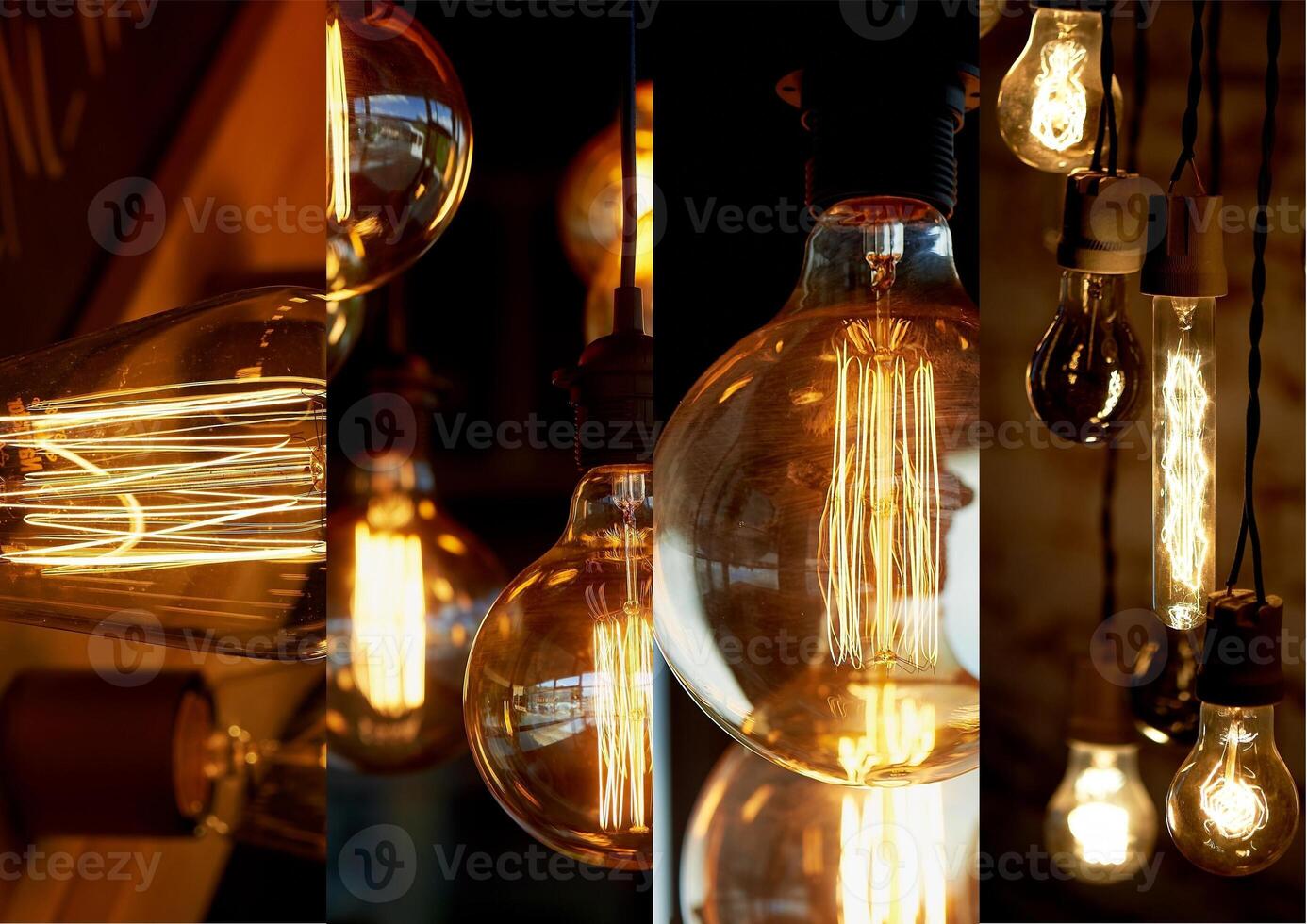 Collage. Light and lighting.Edisson's retro lamp. Warm orange light. photo