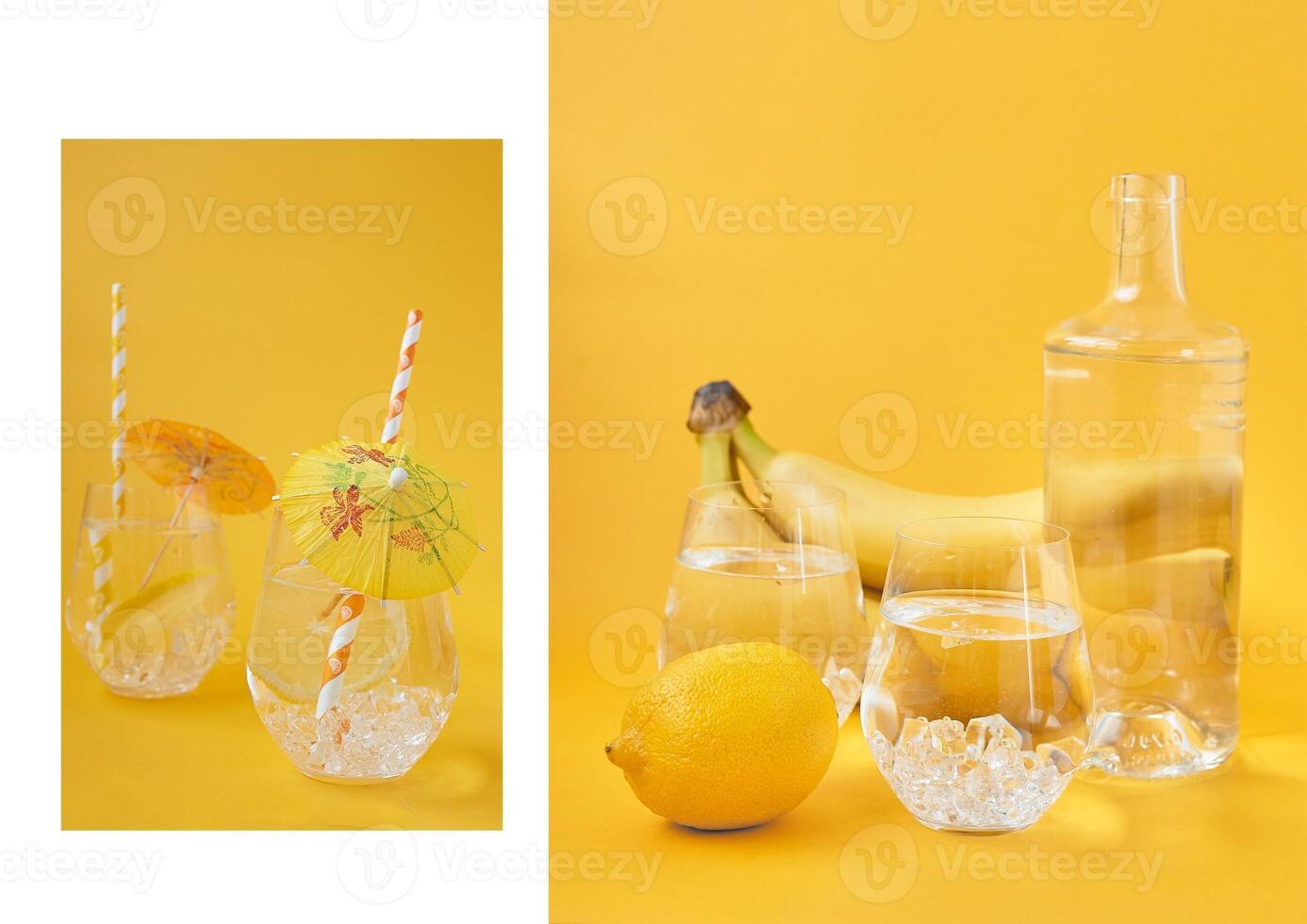 Refreshing water with lemon and ice.With decorative tubes and umbrellas, paper tubes. Yellow and orange. Thirst quenching. Collage photo