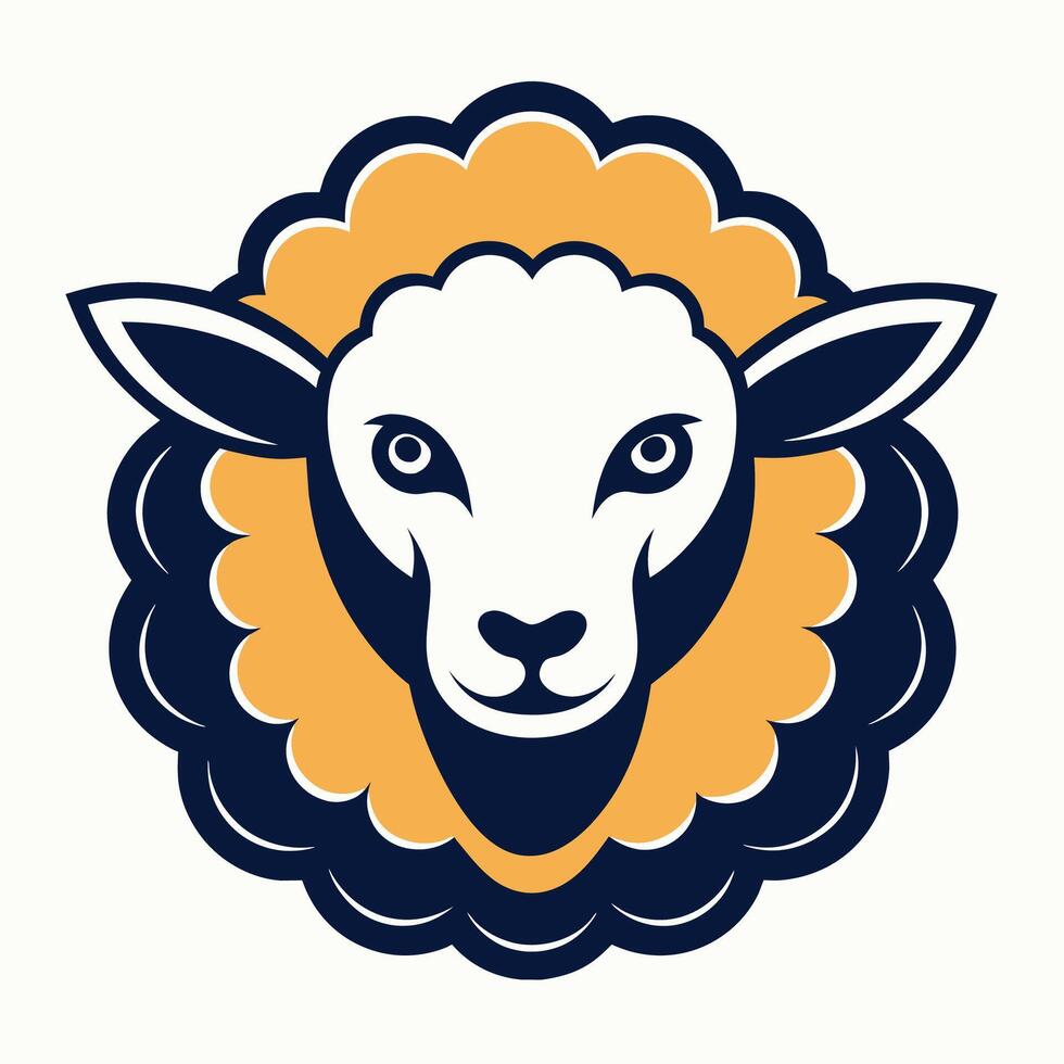 A cartoon illustration of a sheeps head with a fluffy fleece, the sheep is smiling with its eyes open. vector