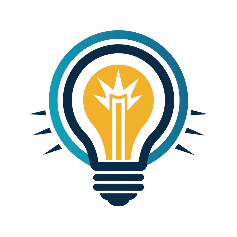 This image features an illustration of a lightbulb in a yellow, white, and blue color scheme, with a blue circle surrounding the bulb and white spikes on either side. vector