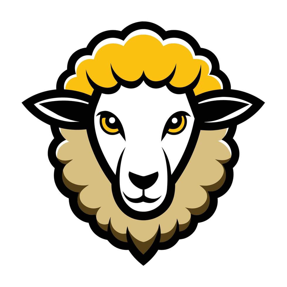 This image shows a cartoon sheep head with yellow wool, large eyes, and a brown wool collar. The image is in a simple, vector-style illustration with black outlines. vector