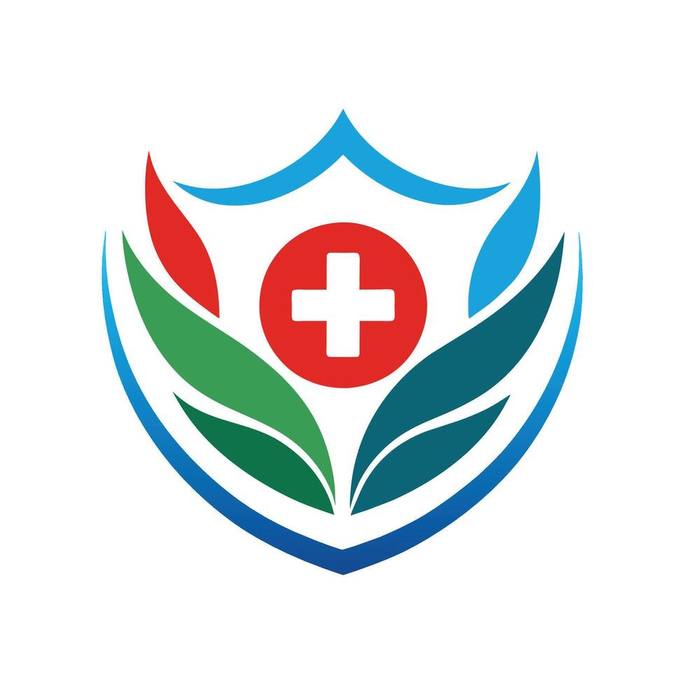A colorful logo depicting a shield with a medical cross inside. The shield is surrounded by green leaves, symbolizing health and nature. vector