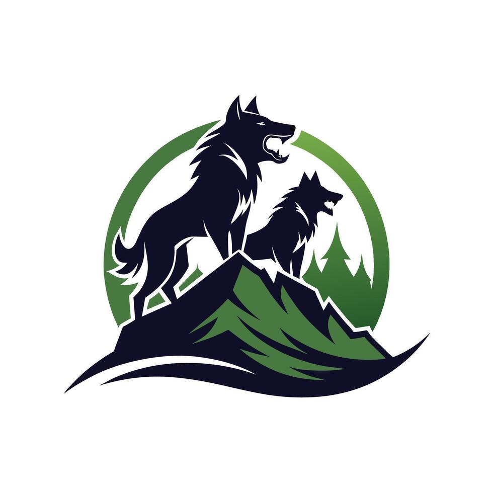 A graphic illustration of two wolves standing on a mountain peak, with a green forest background behind them. vector