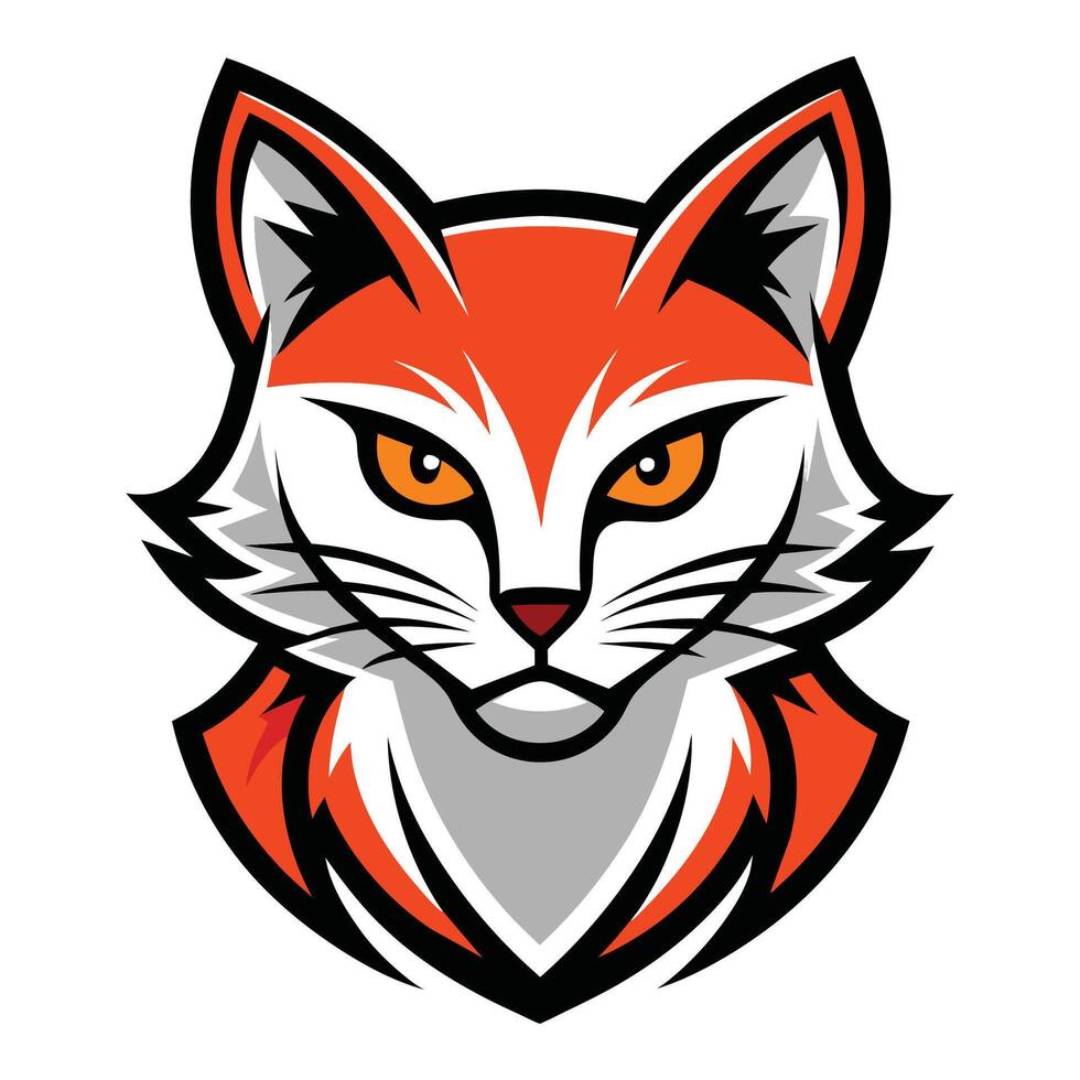 A cartoon illustration of a cats head with orange fur and white accents. The cat has bright yellow eyes and a serious expression. vector