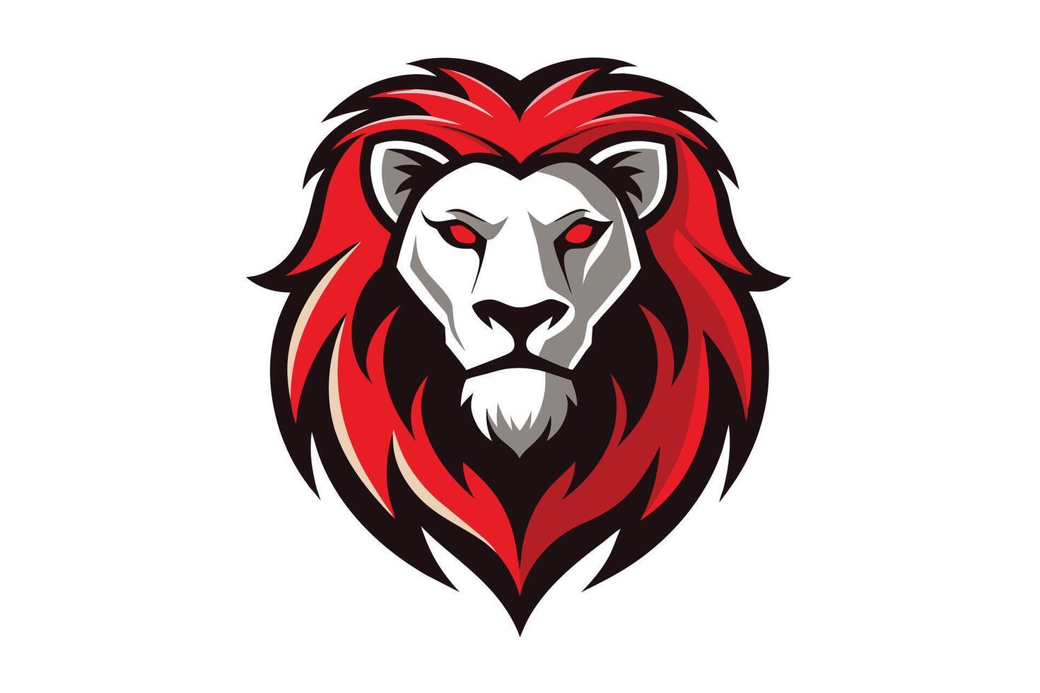 A graphic illustration of a white lion with a red mane facing forward, with a white background. The lion has a determined expression and intense red eyes. vector