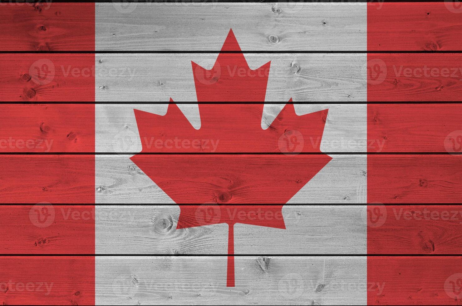 Canada flag depicted in bright paint colors on old wooden wall. Textured banner on rough background photo