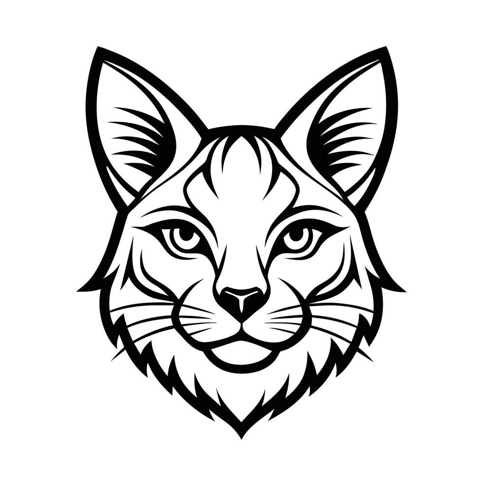 A black and white illustration of a bobcats head, featuring sharp ears, piercing eyes, and a detailed snout. vector