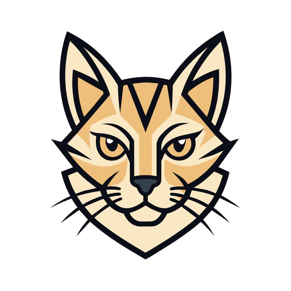 A cartoon illustration of a tabby cats head facing the viewer. The cat has a light orange and yellow coat, with black outlines. The cat is looking forward with a slight smile. vector