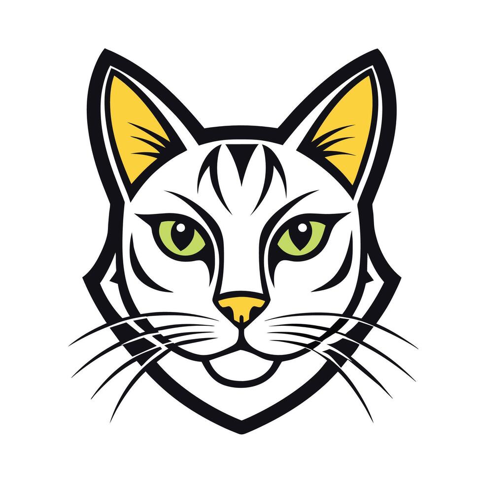 A illustration of a cats head with white fur, yellow stripes, green eyes, and a smile. The cats head is outlined in black and has a black shield shape around it. vector