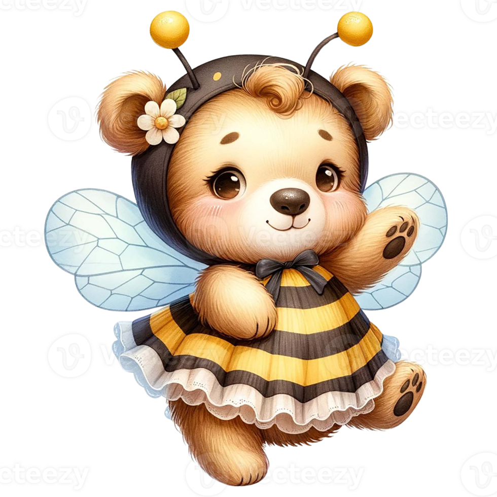 Watercolor illustration of Little Bear wear Bee costume png