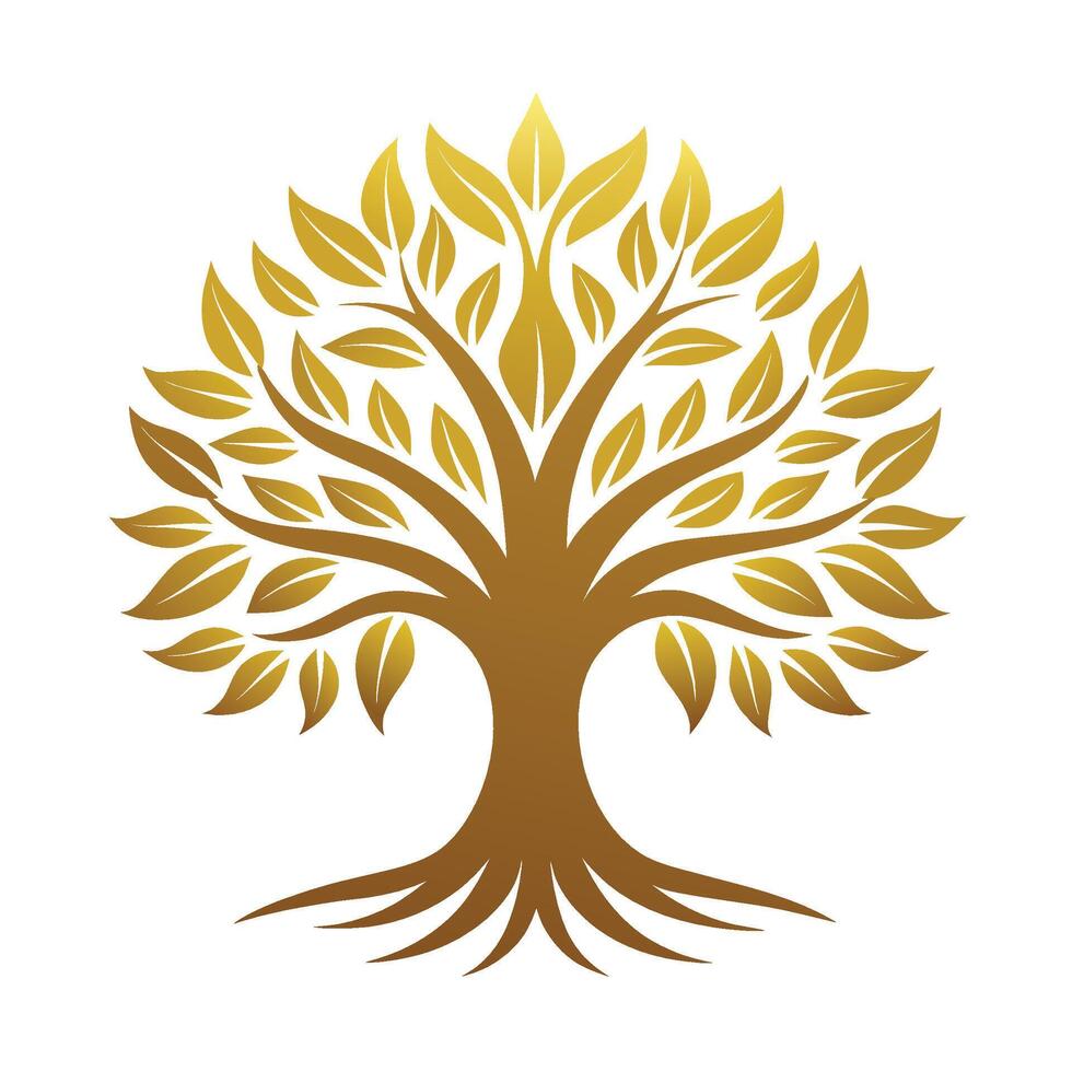 A digital illustration of a golden tree with a thick trunk, lush leaves, and a prominent root system. vector