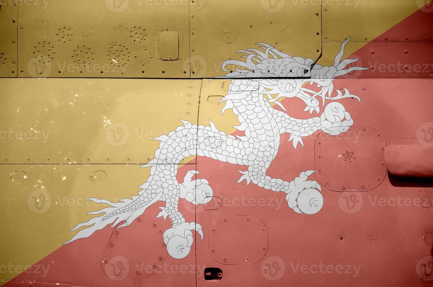 Bhutan flag depicted on side part of military armored helicopter closeup. Army forces aircraft conceptual background photo