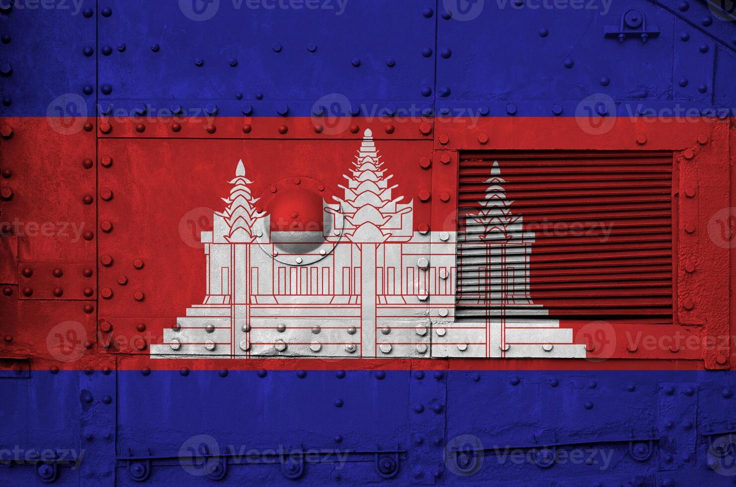 Cambodia flag depicted on side part of military armored tank closeup. Army forces conceptual background photo