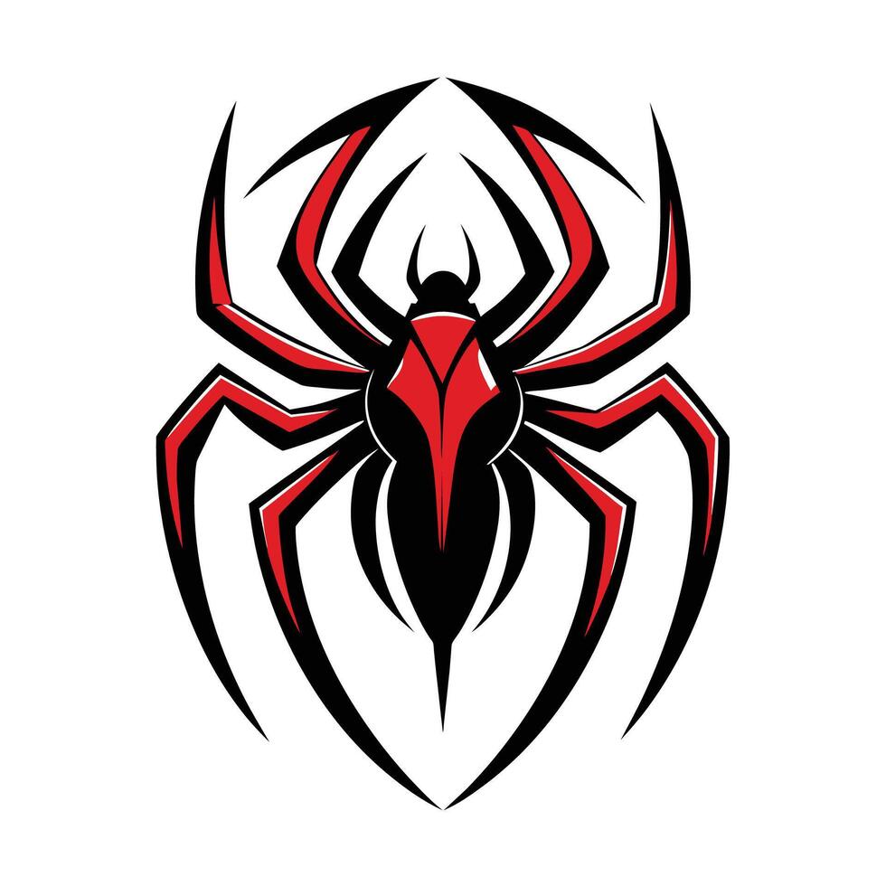 A stylized illustration of a spider in red and black on a white background. vector