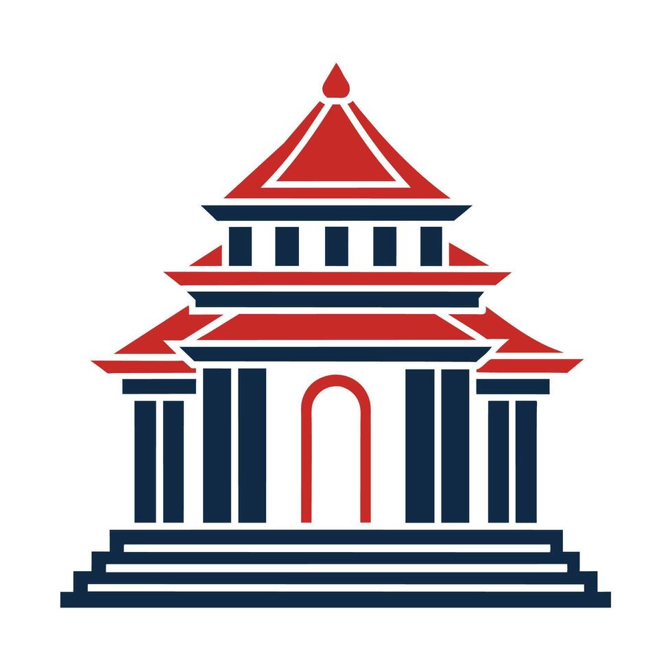 A simple, flat illustration of a traditional Asian-style building. The building has a red roof, blue columns, and a central entrance. vector