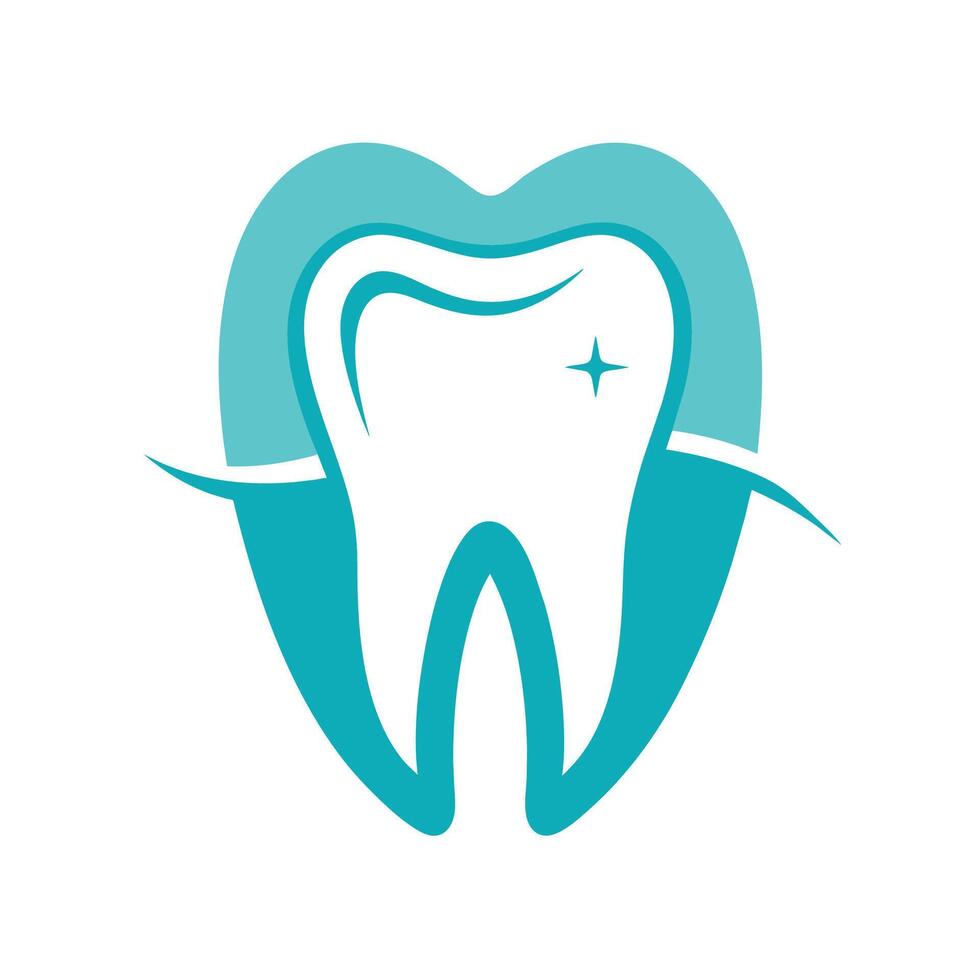 A teal circle graphic with a single, white tooth inside that has a sparkling star. vector