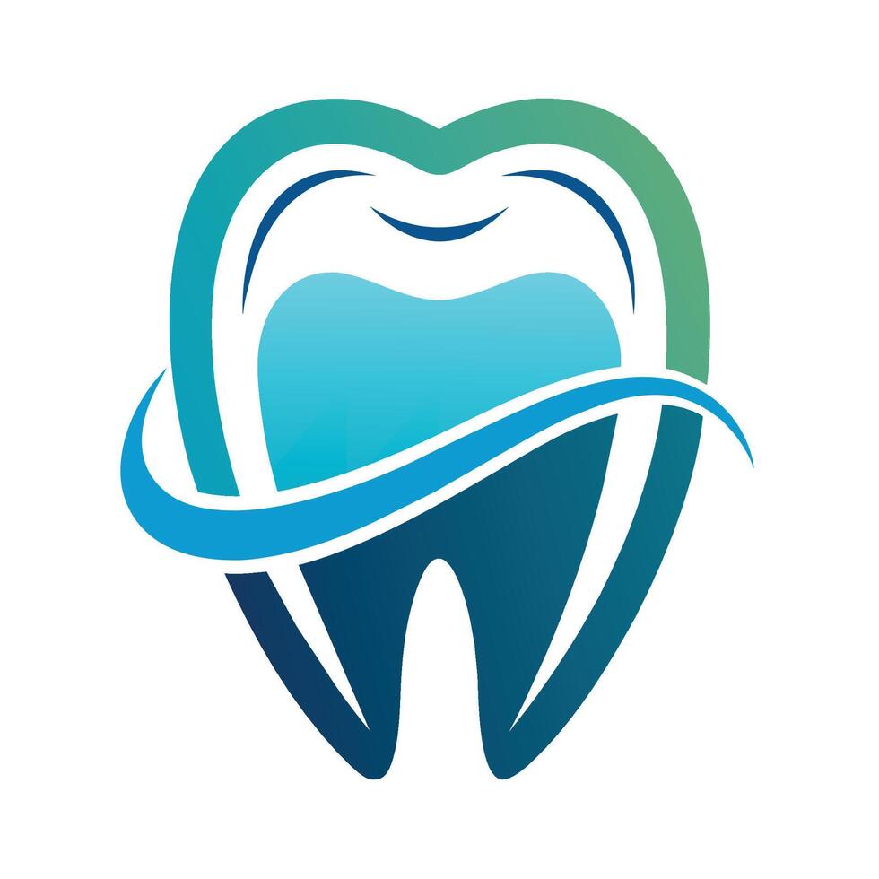 A stylized graphic depicting a single tooth in blue and green, encircled by a stylized water wave. vector