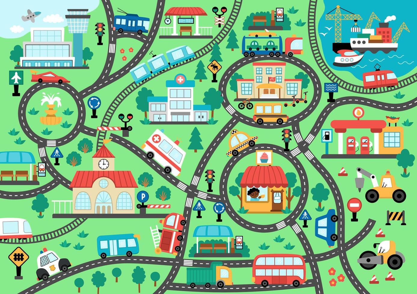 City transport map. Background with railway, roads, traffic signs for kids. infographic elements with train, cars, tram, truck. Urban plan with airport, seaport, bus stops, gas station, cafe vector