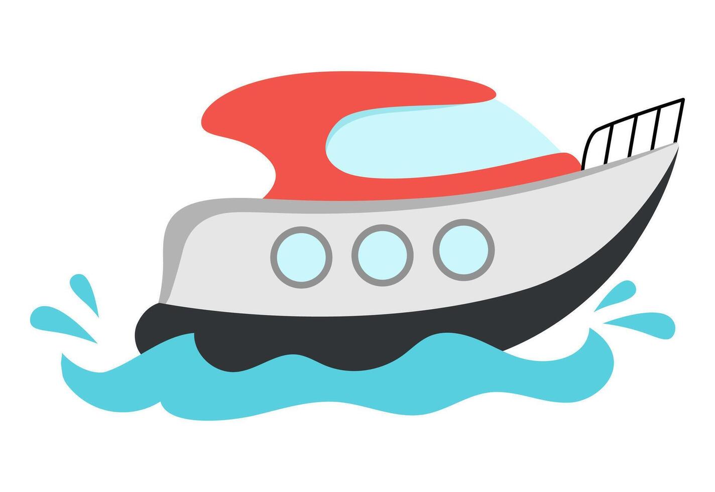 speedboat with waves and splashes. Water transport icon. Funny nautical transportation boat clipart for kids. Cute marine vehicle icon isolated on white background for children vector
