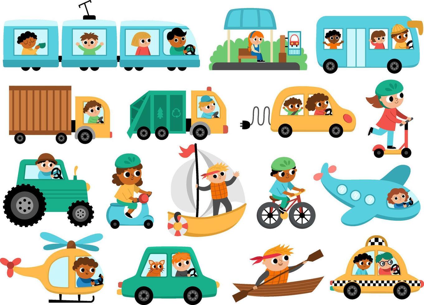 transportation set with children. Funny water, land, air transport collection with drivers for kids. Cars and vehicles clip art. Cute car, train, truck, bus, plane, icons with passengers vector