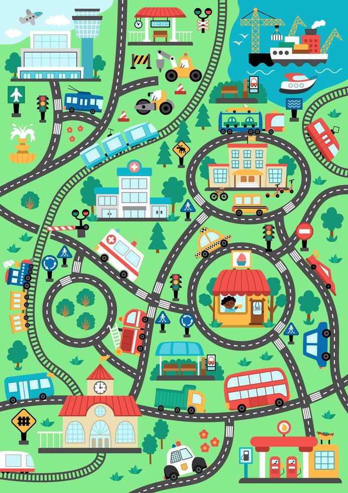 City transport map. Background with railway, roads, traffic signs for kids. infographic elements with train, cars, tram, truck. Urban plan with airport, seaport, bus stops, gas station, cafe vector