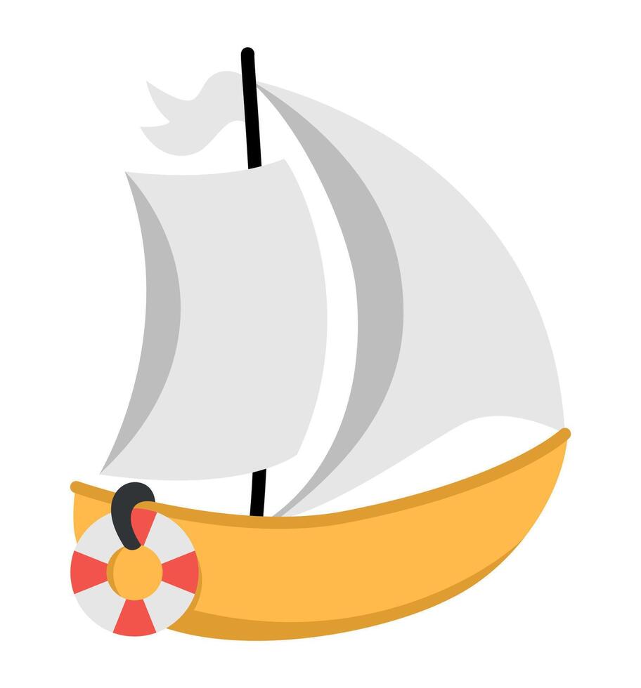 yellow yacht with sails and life circle. Water transport icon. Funny nautical transportation boat clipart for kids. Cute marine vehicle icon isolated on white background for children vector