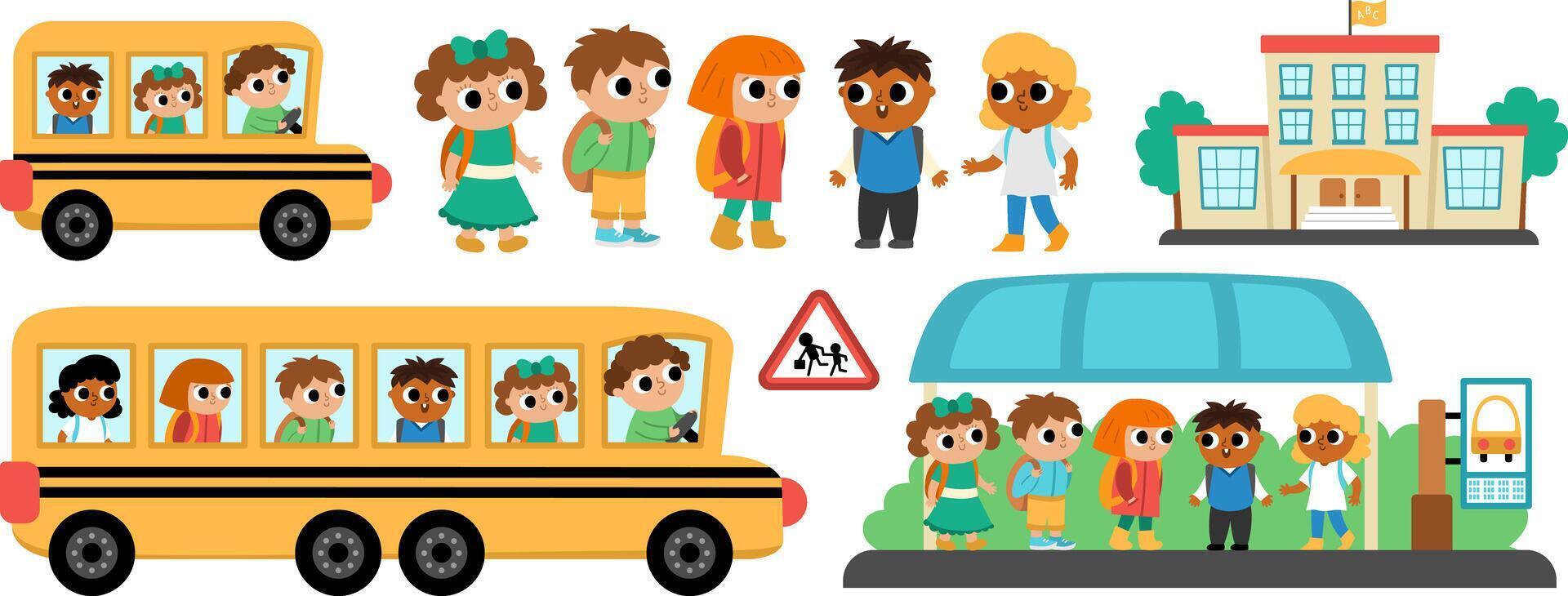 transportation set with children. Funny school bus clipart collection with driver, little schoolchildren, bus stop, building for kids. Cute boys and girls waiting for schoolbus vector