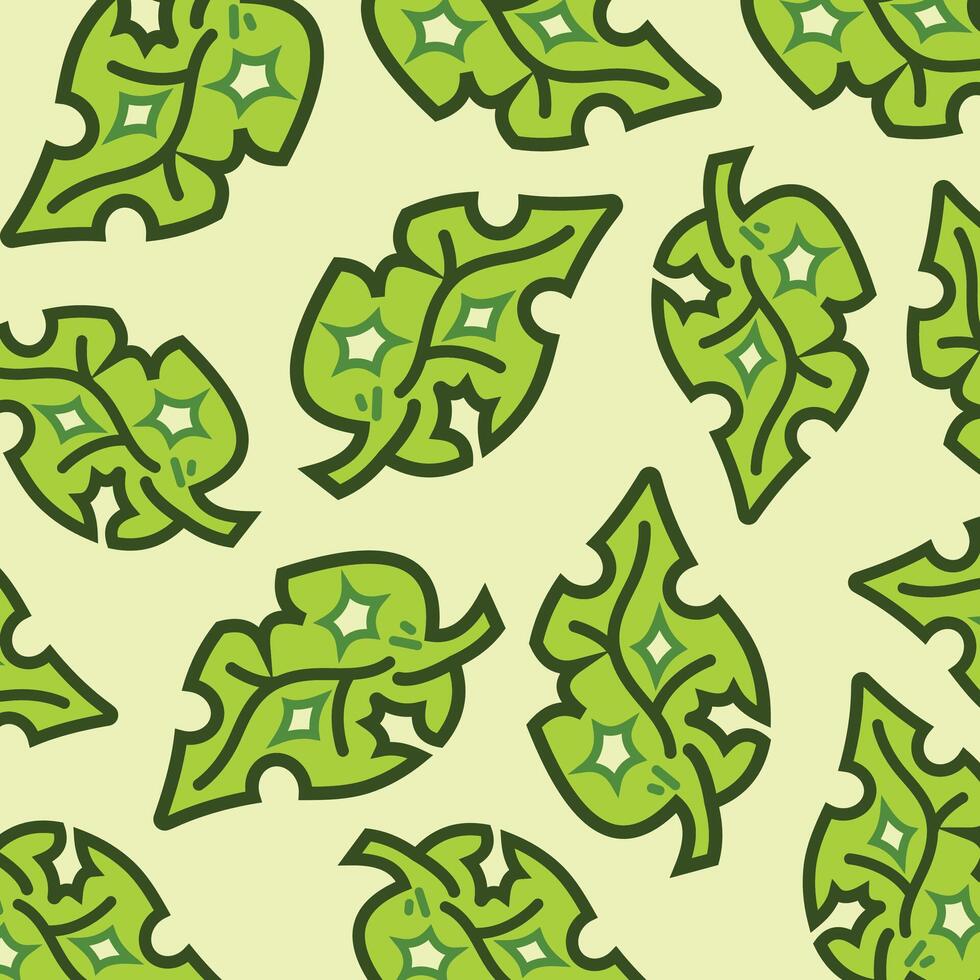 Green leaves with holes pattern illustration isolated on square light green background. Simple flat eco friendly and pesticides free plant themed cartoon art styled drawing. vector