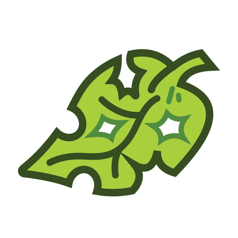 Holes on green leaf eaten by caterpillar or other bugs icon illustration with outline isolated on square white background. Simple flat eco friendly and pesticides free plant themed cartoon drawing. vector