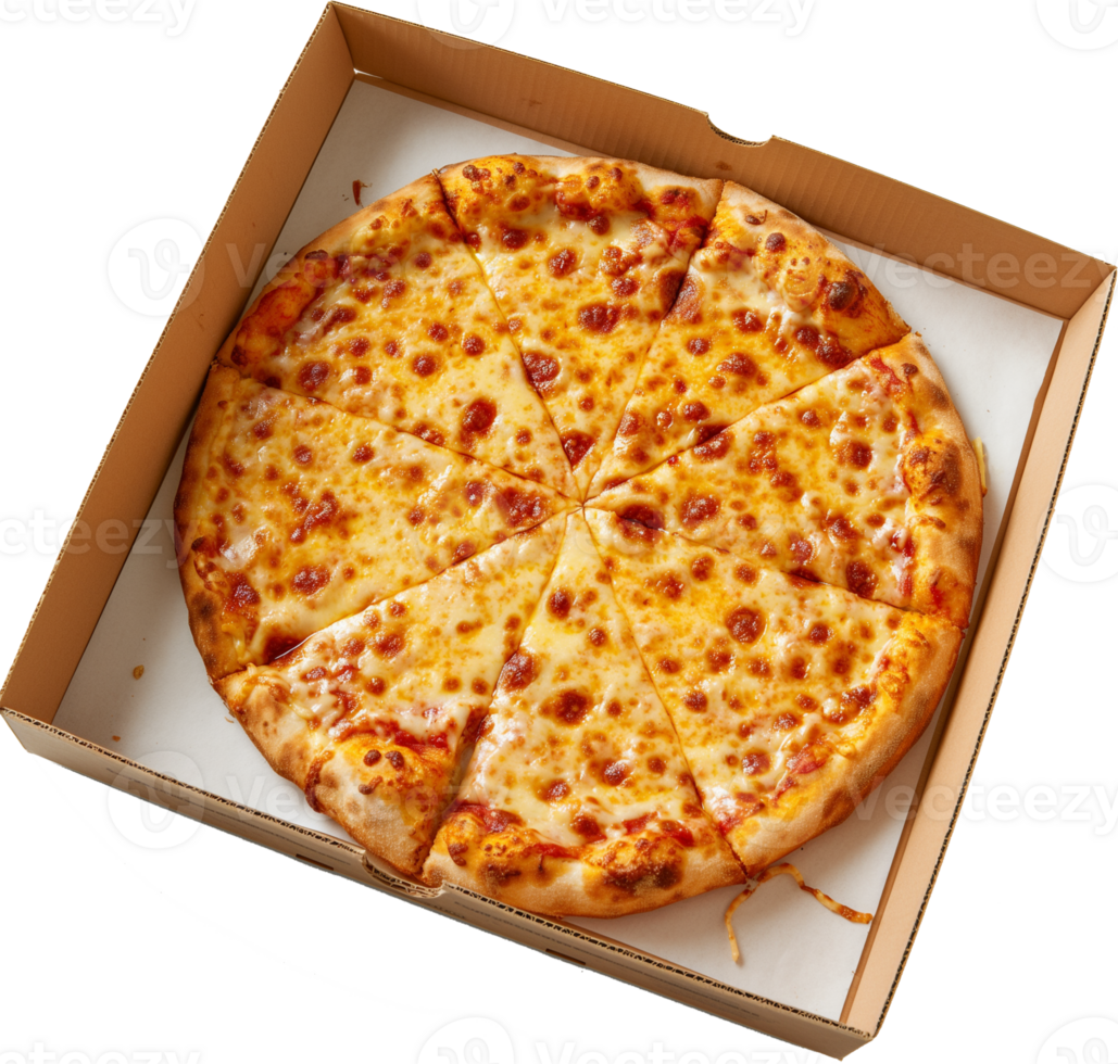 Stack of cardboard boxes with a tasty cheese pizza isolated on a transparent background png