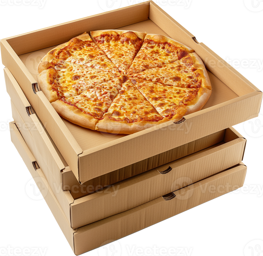Stack of cardboard boxes with a tasty cheese pizza isolated on a transparent background png